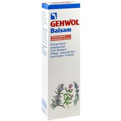Eine Packung Fuß-Balsam für trockene Haut mit Pflanzenabbildungen.