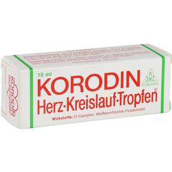 Ein weißer Karton mit dem Aufdruck "KORODIN Herz-Kreislauf-Tropfen".