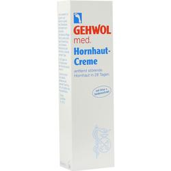 Weiße Verpackung einer Hornhautcreme mit blauer und roter Aufschrift.