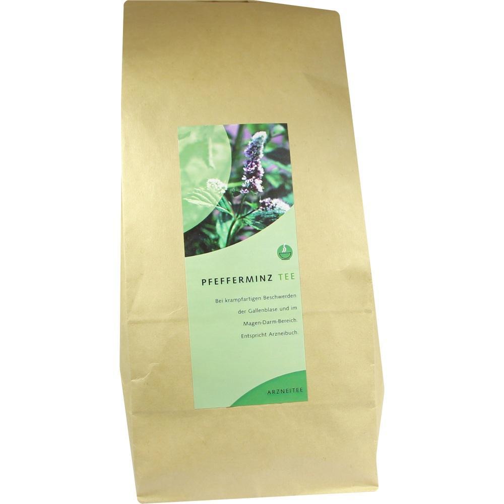 Braune Verpackung mit grünem Etikett für Pfefferminztee.