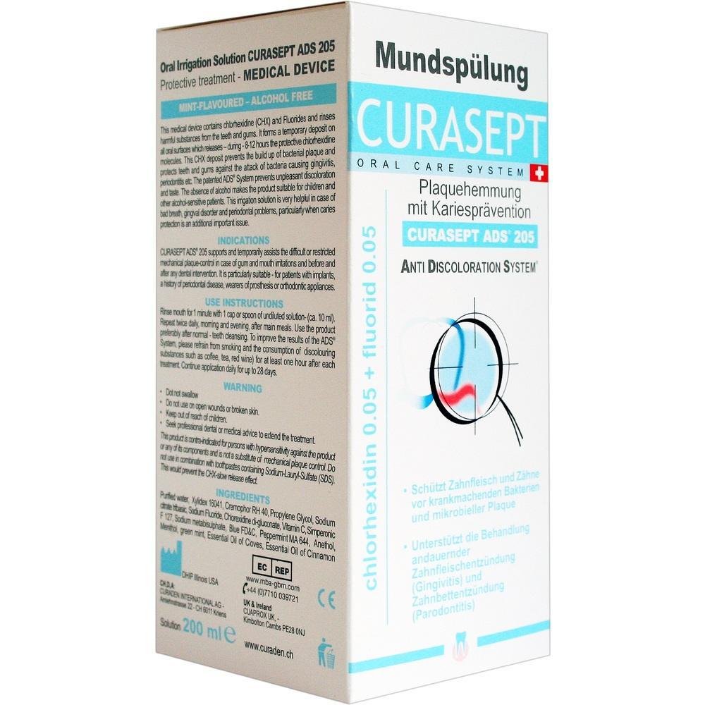 Weiße Verpackung einer Mundspülung mit blauem und rotem Text.